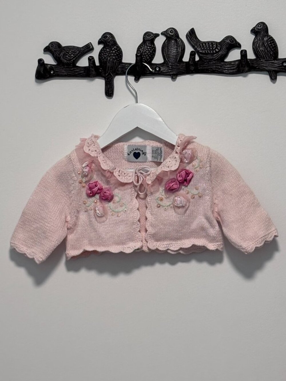 Hartstrings - Light Pink Cropped Knit Cardigan Sweater with Rosette Details